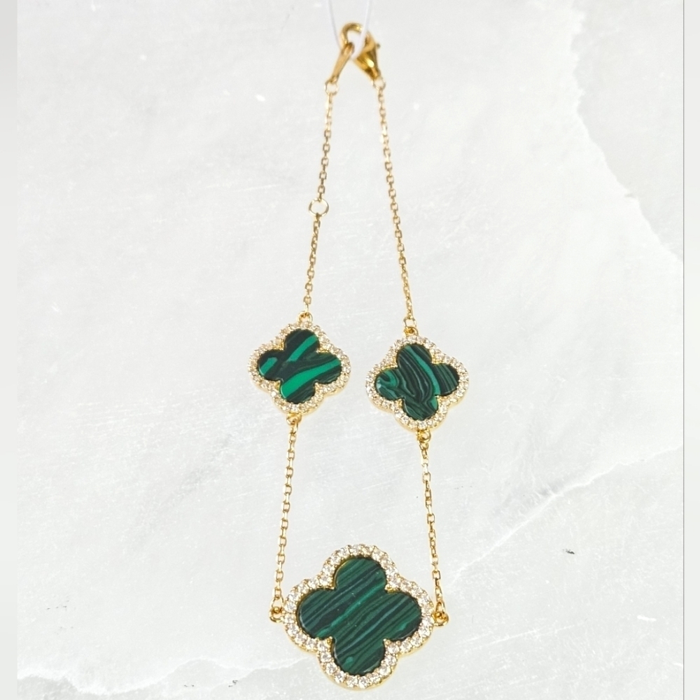 Rachel Zoe 3 Clover Alhambra Bracelet in GP Sterling Silver and Malachite NWT - Picture 3 of 8